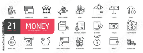 Set of line icons related to money, finance, payment, economy. Outline icons collection. Editable stroke. Vector illustration.