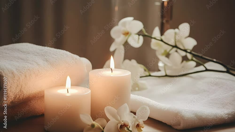 Relaxing Spa Atmosphere with Gentle Candles and Elegant White Flowers for Tranquil Moments Relaxing Spa Atmosphere with Gentle Candles and Elegant White Flowers for Tranquil Moments