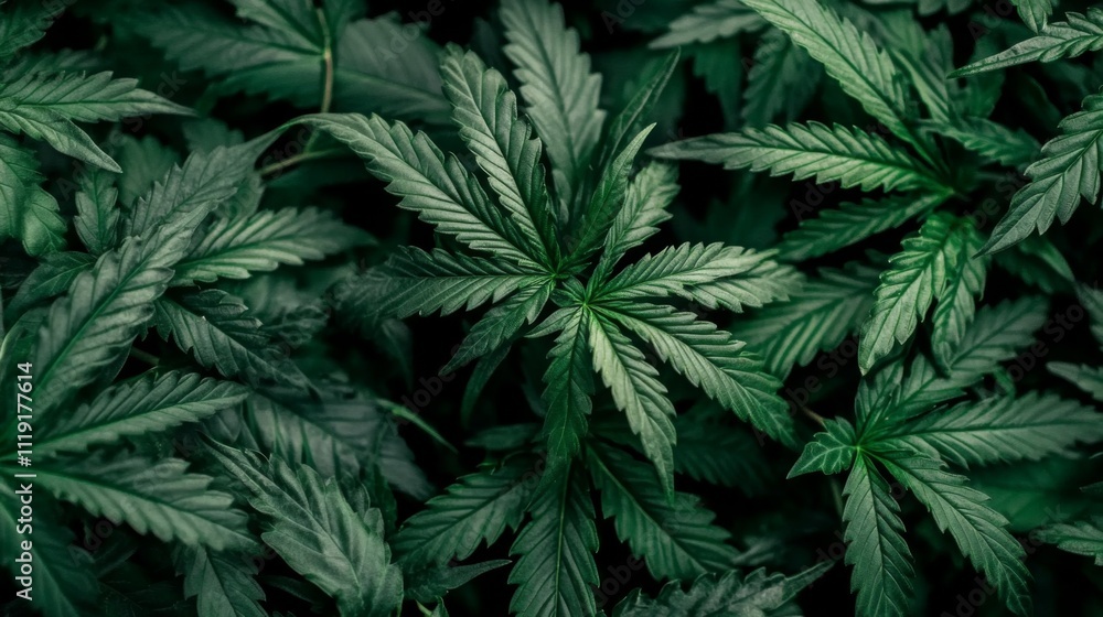 Close-Up of Fresh Green Cannabis Leaves in Scattered Pattern on Dark Background, Low Angle Shot. Close-Up of Fresh Green Cannabis Leaves in Scattered Pattern on Dark Background, Low Angle Shot.