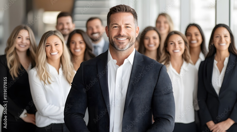 Visionary CEO posing confidently in front of a group of smiling team members in an office setting, full body wide angle Visionary CEO posing confidently in front of a group of smiling team members in an office setting, full body wide angle