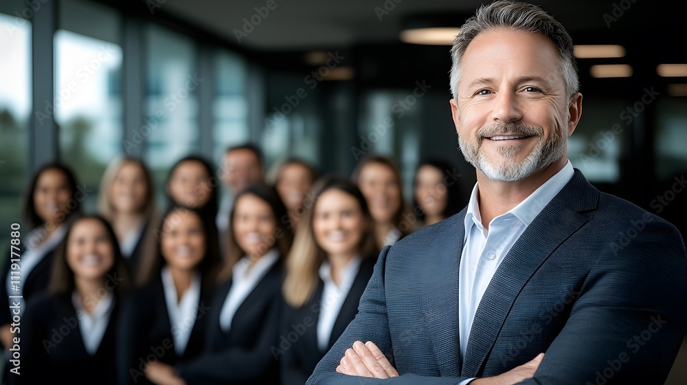 Visionary CEO posing confidently in front of a group of smiling team members in an office setting, full body wide angle Visionary CEO posing confidently in front of a group of smiling team members in an office setting, full body wide angle