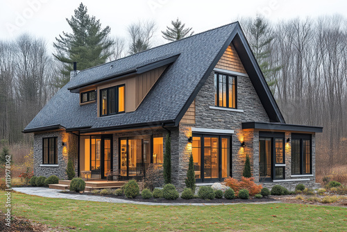 Modern stone and wood home exterior at dusk.