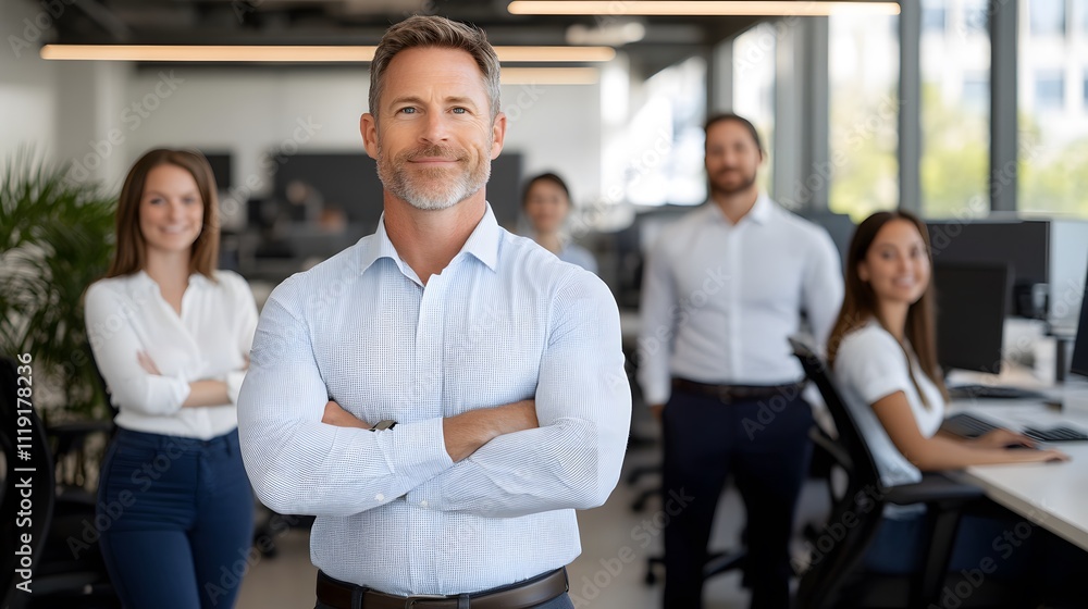 Confident CEO with arms crossed leading a team of engaged employees in a collaborative workspace, full body wide angle Confident CEO with arms crossed leading a team of engaged employees in a collaborative workspace, full body wide angle