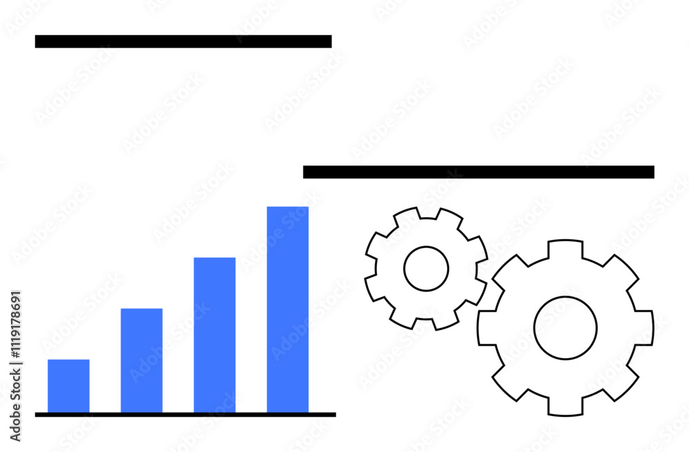 Vertical bar graph with blue bars increasing in height, accompanied by two black gears. Ideal for business growth, data analysis, productivity, efficiency, technology integration, planning Vertical bar graph with blue bars increasing in height, accompanied by two black gears. Ideal for business growth, data analysis, productivity, efficiency, technology integration, planning