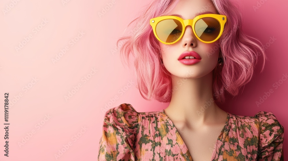 A woman with bright pink hair and yellow sunglasses poses A woman with bright pink hair and yellow sunglasses poses