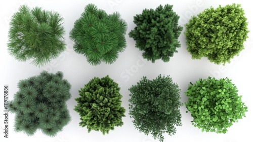 Top-down view of nine diverse pine trees in grid formation on white backdrop, showcasing varying sizes and shapes.