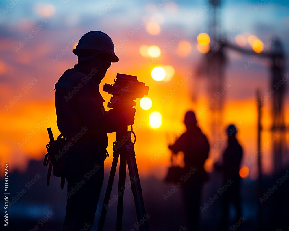 Fototapeta premium Silhouetted survey engineer and construction team in action, industrial site backdrop blurred with light flare, showcasing project work