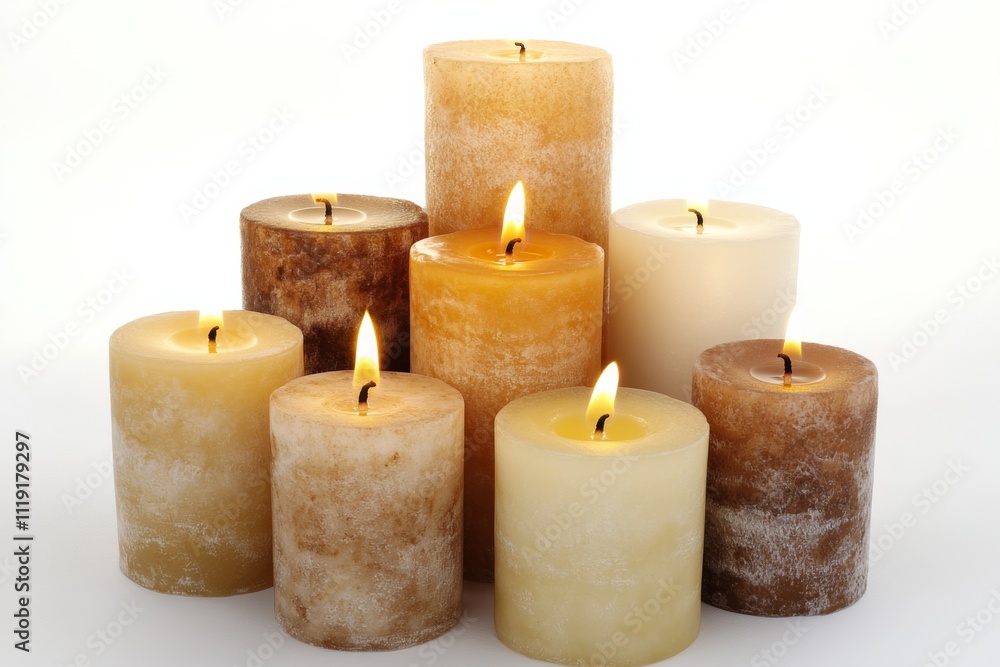 Nine brightly burning candles arranged in a pyramid, varying in color and size on a white background. Nine brightly burning candles arranged in a pyramid, varying in color and size on a white background.