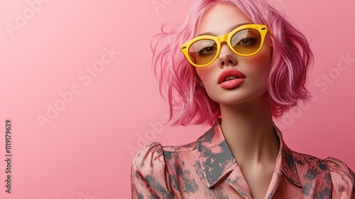 A woman with pink hair and yellow sunglasses, wearing a stylish outfit