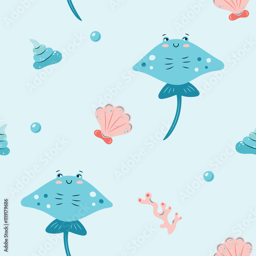 Seamless pattern sea life. Marine animal stingray fish on blue background. Vector illustration.