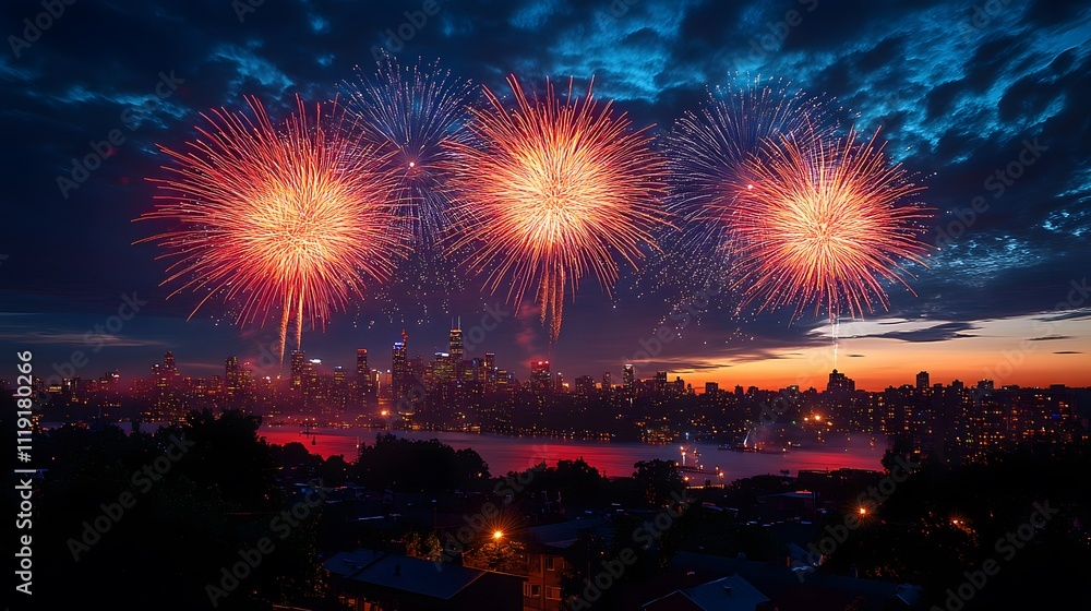 Spectacular Australia Day fireworks lighting up the city skyline, vibrant colors seen from a rooftop, night cityscape view Spectacular Australia Day fireworks lighting up the city skyline, vibrant colors seen from a rooftop, night cityscape view