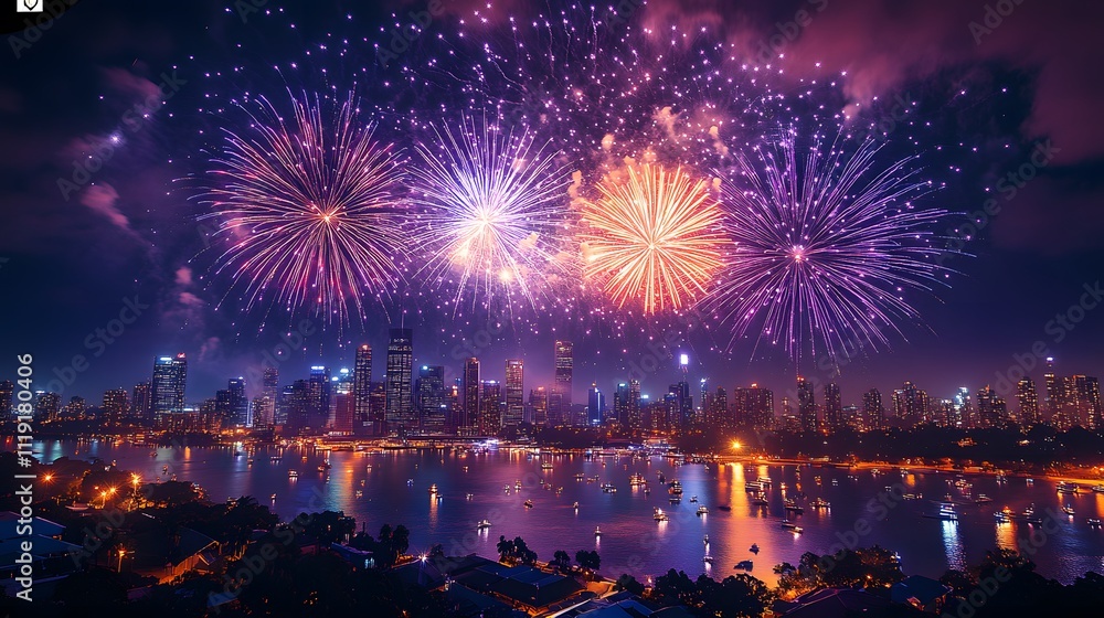 A mesmerizing Australia Day fireworks show over a glowing cityscape, rooftop view with colorful bursts in the night sky A mesmerizing Australia Day fireworks show over a glowing cityscape, rooftop view with colorful bursts in the night sky