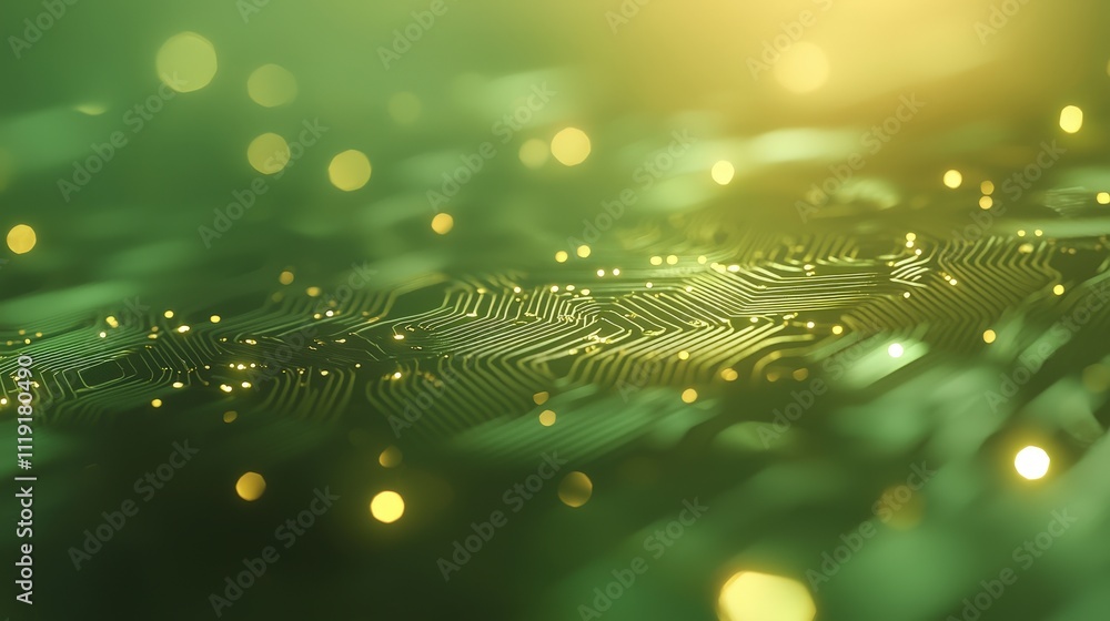 Naklejka premium Abstract Green Circuit Board Technology Background Golden Lines Digital Futuristic Ne