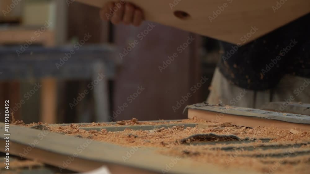 Wood Milling and Inserting into Machine in a Workshop Wood Milling and Inserting into Machine in a Workshop