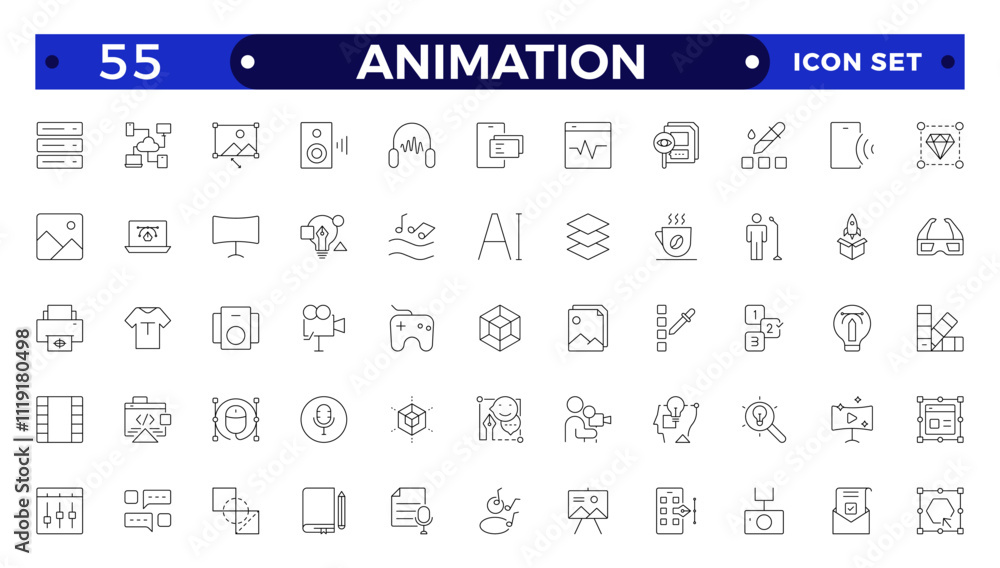 Animation icon outline set. Containing movement, Motion, speed, swing, dynamic, position, acceleration, running, rotation, bounce and motion sensor icons. Animation icon outline set. Containing movement, Motion, speed, swing, dynamic, position, acceleration, running, rotation, bounce and motion sensor icons.