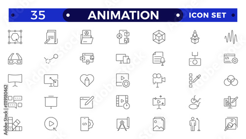 Animation icon outline set. Containing movement, Motion, speed, swing, dynamic, position, acceleration, running, rotation, bounce and motion sensor icons.