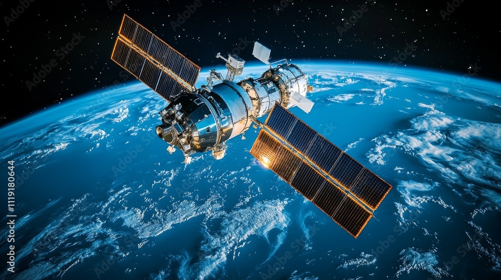 Spacecraft Docking Satellite Space Station Orbiting Earth Spacecraft Docking Satellite Space Station Orbiting Earth