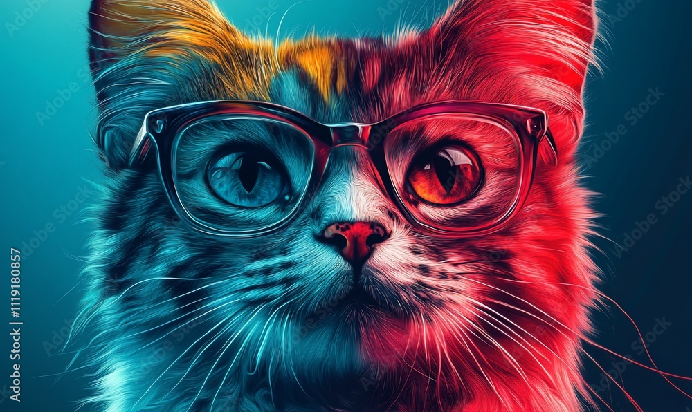 Artistic portrait of a cat wearing glasses, split color effect. Artistic portrait of a cat wearing glasses, split color effect.