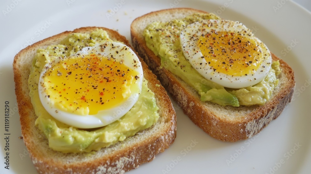 27.Two slices of toasted bread topped with creamy avocado and a soft-boiled egg, presented on a pristine white plate. The egg yolk is perfectly runny, with a sprinkle of black pepper and chili flakes 27.Two slices of toasted bread topped with creamy avocado and a soft-boiled egg, presented on a pristine white plate. The egg yolk is perfectly runny, with a sprinkle of black pepper and chili flakes