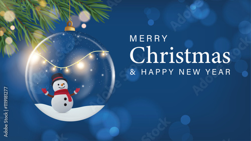 Merry christmas greeting vector design. Christmas and happy new year greeting text with penguin and snowman characters in hanging crystal glass ball for seasonal card background. Vector illustration