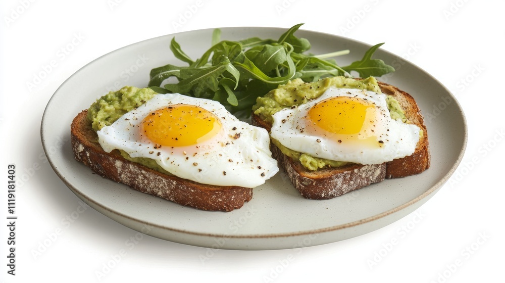 29.A healthy breakfast plate featuring two slices of whole grain toast topped with mashed avocado and poached eggs. The yolks are runny, spilling onto the crisp toast, with a few fresh greens on the 29.A healthy breakfast plate featuring two slices of whole grain toast topped with mashed avocado and poached eggs. The yolks are runny, spilling onto the crisp toast, with a few fresh greens on the