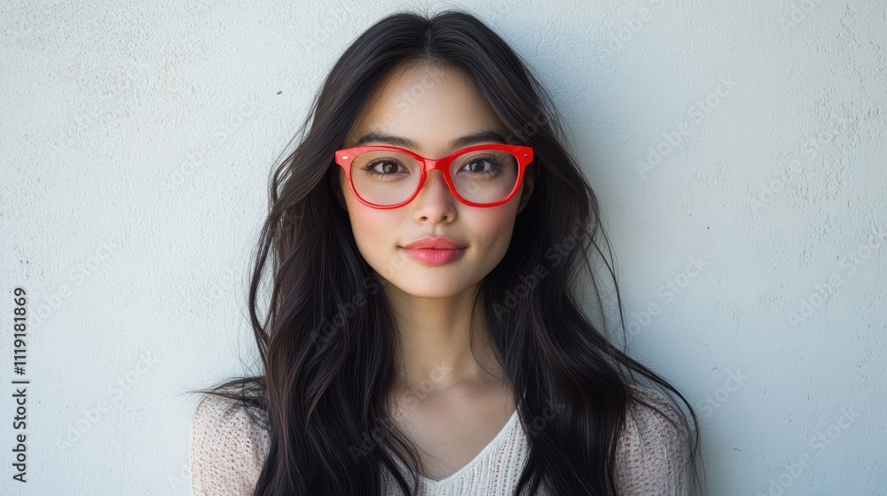 A vibrant woman with long, dark hair and red glasses poses against a stark white wall A vibrant woman with long, dark hair and red glasses poses against a stark white wall