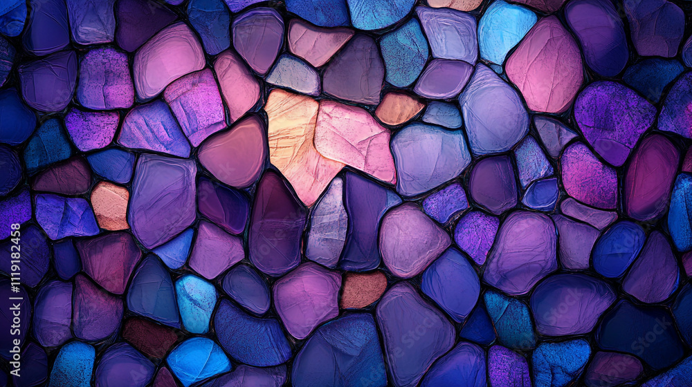 Colorful mosaic of purple and blue stones creating a vibrant abstract pattern Colorful mosaic of purple and blue stones creating a vibrant abstract pattern