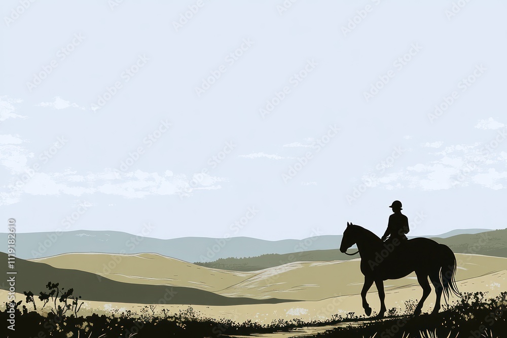 A silhouette of a rider on horseback overlooking rolling hills under a light sky. A silhouette of a rider on horseback overlooking rolling hills under a light sky.