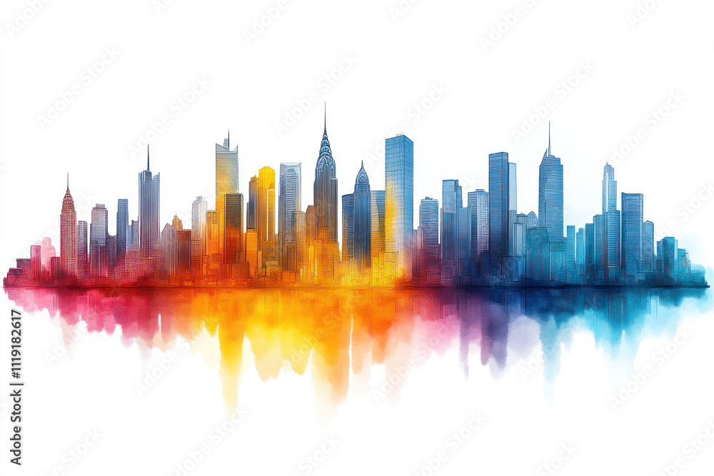 Fototapeta premium Colorful watercolor cityscape with reflection.