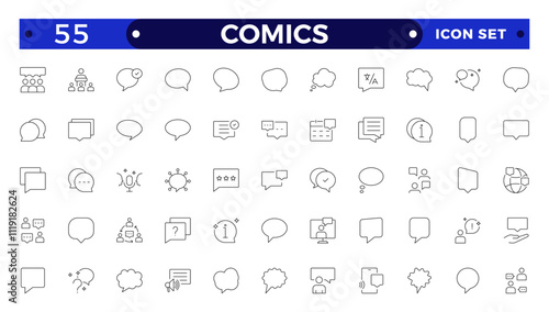 Comics outline icon set. Speech bubble line icon big set. Talk, people, man, user, dialog, chat, cloud etc. Talking, speaking, chatting, screaming, laughing, thinking, dreaming bubbles.