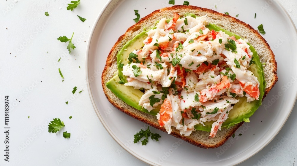 59.A top view of a healthy sandwich with creamy avocado and shredded crab sticks layered on toasted bread. The bright, fresh ingredients contrast beautifully on a white plate, with small herb sprigs 59.A top view of a healthy sandwich with creamy avocado and shredded crab sticks layered on toasted bread. The bright, fresh ingredients contrast beautifully on a white plate, with small herb sprigs