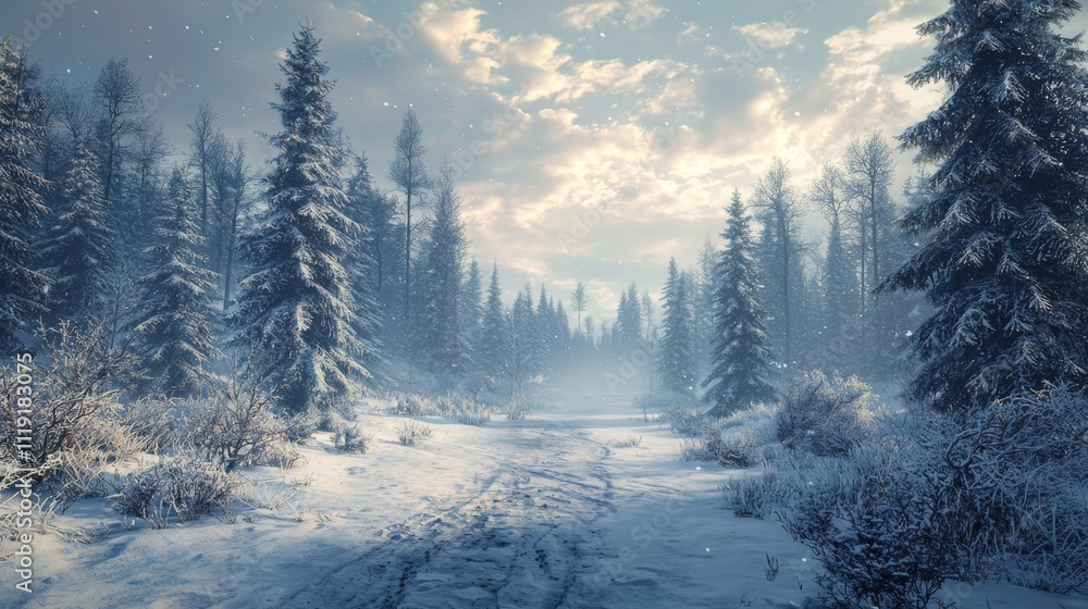 Serene Winter Forest Landscape Snow Covered Pines Path Snowy Scenery Serene Winter Forest Landscape Snow Covered Pines Path Snowy Scenery