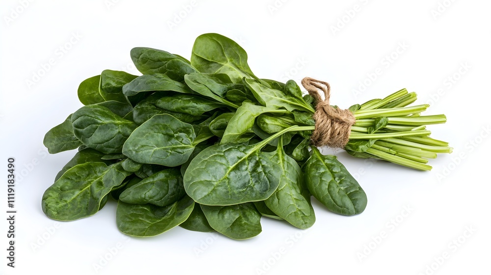 Fresh Organic Spinach Bunch on Plain White Background with Copy Space Fresh Organic Spinach Bunch on Plain White Background with Copy Space