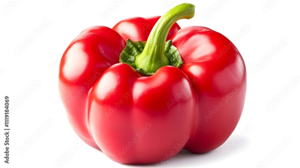 Vibrant and Fresh Red Bell Pepper with Glossy Skin on White Background Vibrant and Fresh Red Bell Pepper with Glossy Skin on White Background
