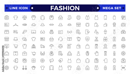Clothing Outline icon set. Dress, polo t-shirt, jeans, winter coat, jacket pants, skirt minimal vector illustrations. Simple outline signs for fashion application. Fashion, sewing, clothing.
