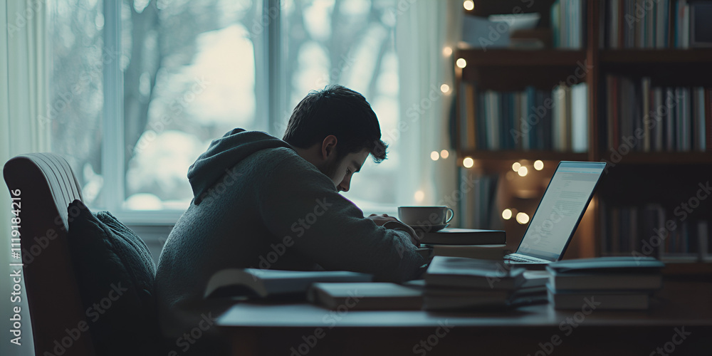 Person Working on Laptop in a Cozy Study Room Person Working on Laptop in a Cozy Study Room