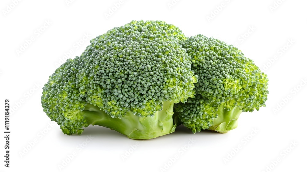 Whole Broccoli Head with Rich Green Florets on White Background Whole Broccoli Head with Rich Green Florets on White Background