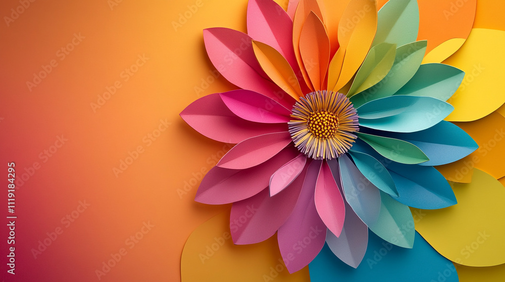 Colorful paper flower against a vibrant backdrop creates a cheerful and artistic atmosphere Colorful paper flower against a vibrant backdrop creates a cheerful and artistic atmosphere