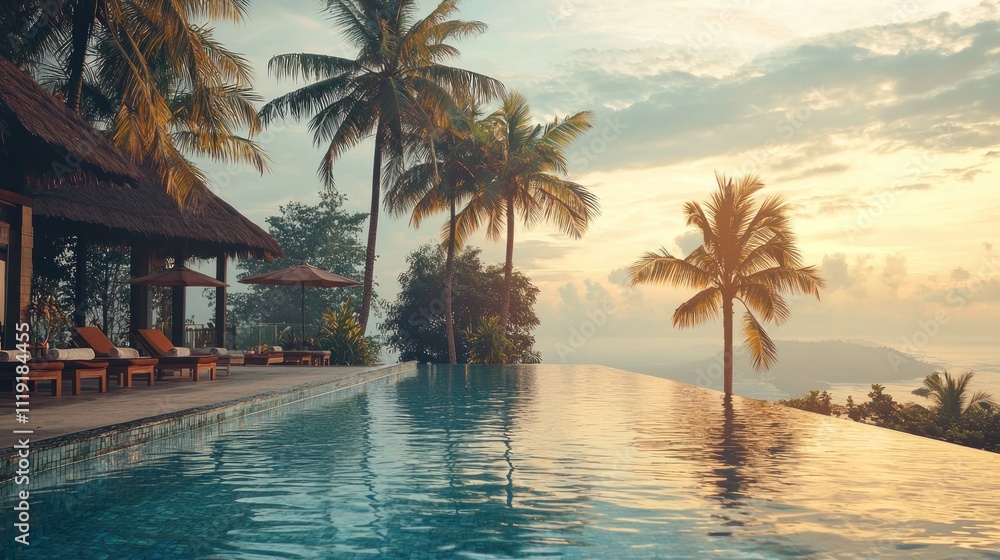 Obraz premium A luxurious resort in a tropical destination, with infinity pools, palm trees, and cocktails by the poolside