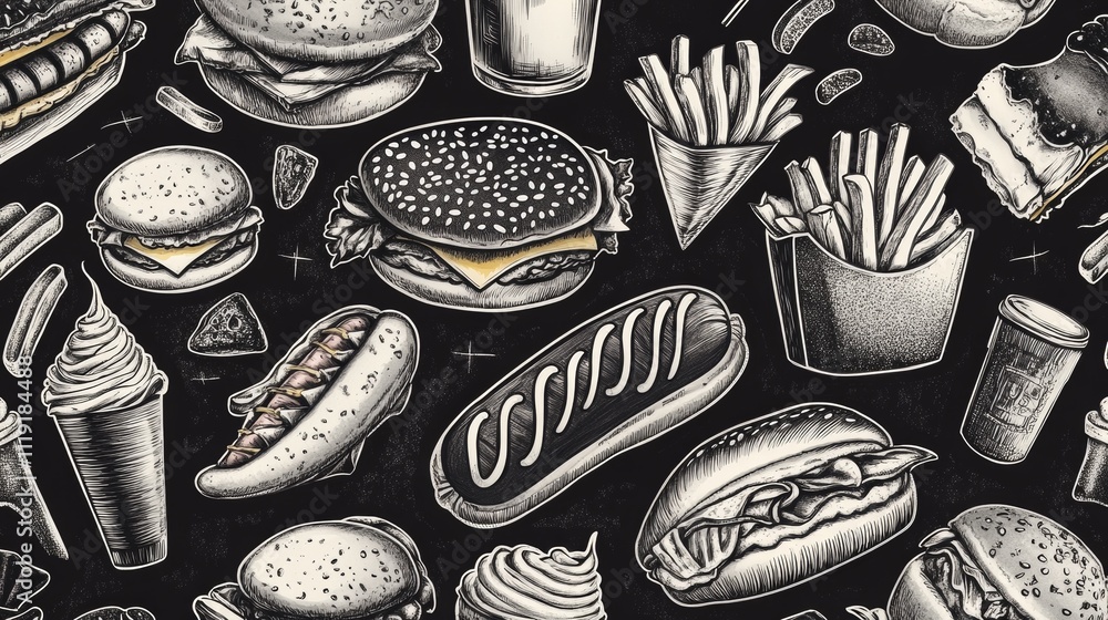92.A chalkboard-style seamless pattern showcasing a variety of street food items, including hot dogs, french fries, sandwiches, ice cream, and apple pie. The sketches are intricately detailed and 92.A chalkboard-style seamless pattern showcasing a variety of street food items, including hot dogs, french fries, sandwiches, ice cream, and apple pie. The sketches are intricately detailed and