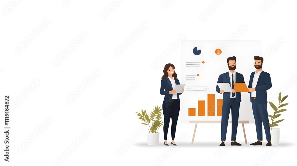 Positive business team gathered near a project board with vibrant visuals, full body wide angle Positive business team gathered near a project board with vibrant visuals, full body wide angle