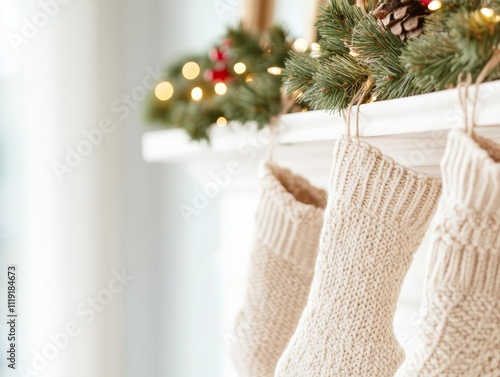 Cozy Winter Mantel Decor Knitted Stockings and Festive Fir Garland for Christmas, Hanukkah, and New Year