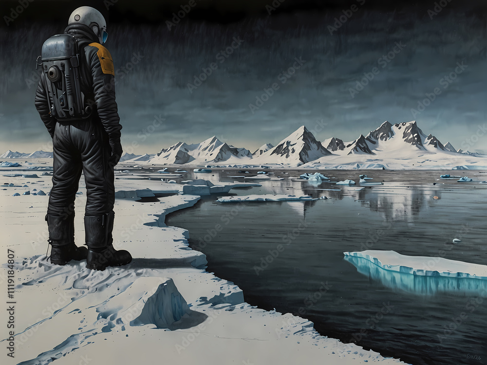 Astronaut steht am Rand einer schneebedeckten Landschaft und betrachtet das offene Wasser unter schneebedeckten Bergen
