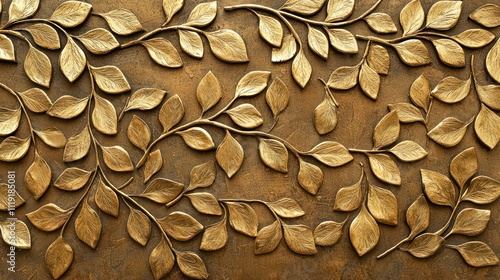 A detailed relief of golden leaves intertwined on a textured brown background, creating a natural and elegant design.