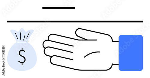 Outstretched hand, money bag with dollar symbol, horizontal line. Ideal for finance, payment, savings, charity, donation transaction earnings themes. Line metaphor