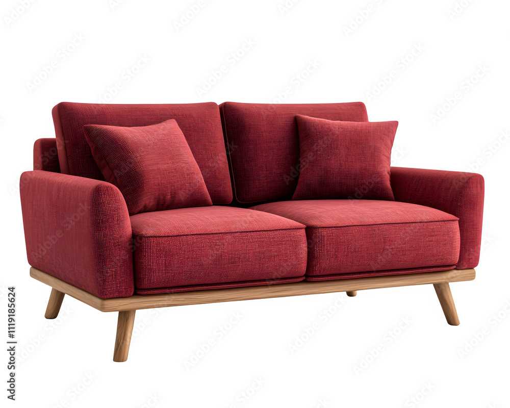 Red Velvet Sofa with Wooden Legs and Pillows Red Velvet Sofa with Wooden Legs and Pillows
