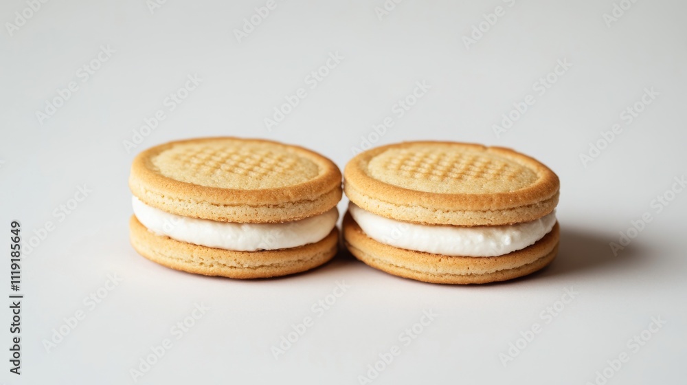 117.A minimalistic shot of two sandwich cookies isolated on a white background, showcasing their symmetrical shapes and perfectly layered creamy filling. The cookies are slightly offset from each 117.A minimalistic shot of two sandwich cookies isolated on a white background, showcasing their symmetrical shapes and perfectly layered creamy filling. The cookies are slightly offset from each