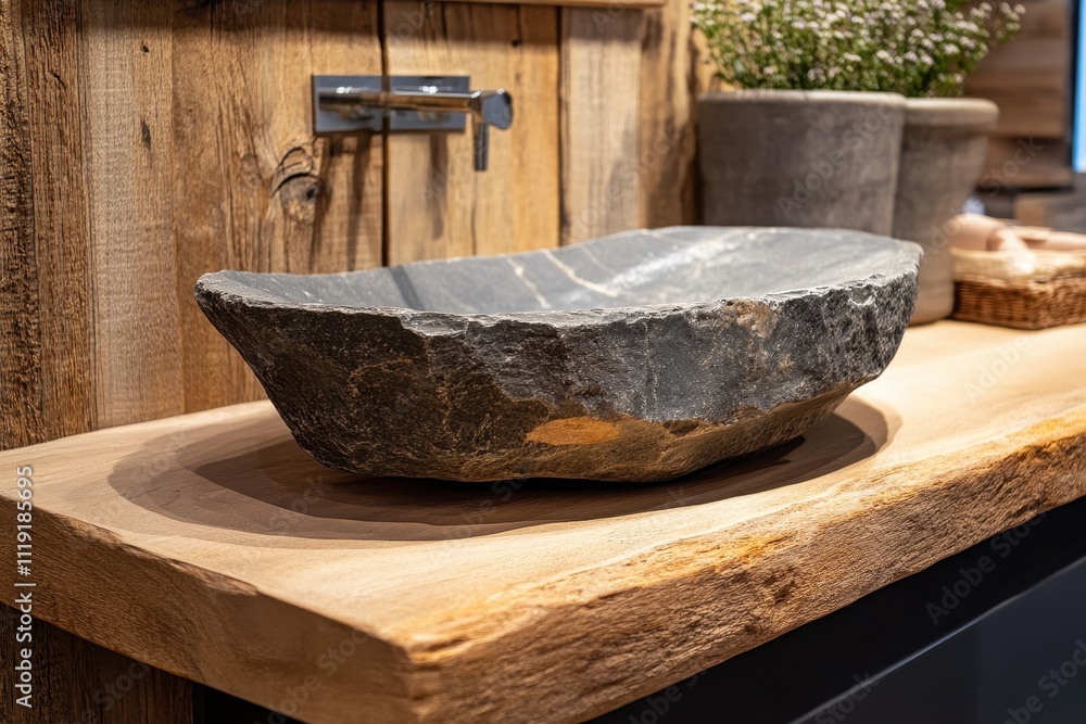 Rustic stone sink on wood countertop; faucet visible. Perfect for bathroom, spa, or rustic designs; evokes natural beauty and tranquility. Rustic stone sink on wood countertop; faucet visible. Perfect for bathroom, spa, or rustic designs; evokes natural beauty and tranquility.