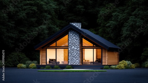 Modern wooden house with stone accents, illuminated at night.