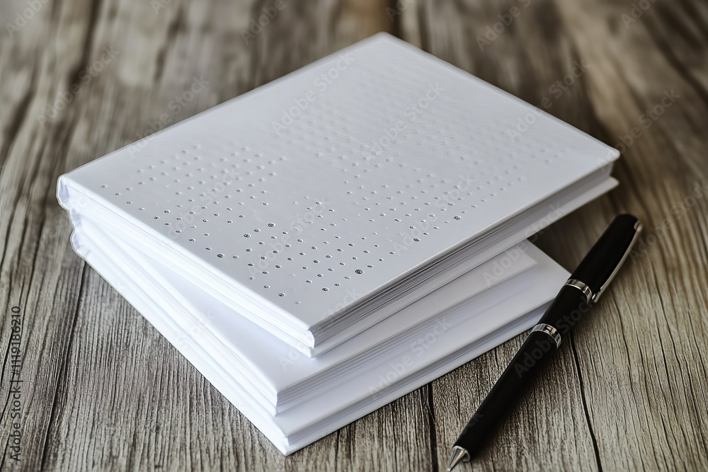 Fototapeta premium Book with Braille text on wooden table, top view. Education and leisure for blind people